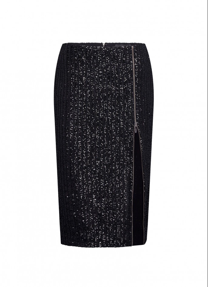 BLACK SEQUIN LOW-WAIST ZIP-SLIT PENCIL SKIRT